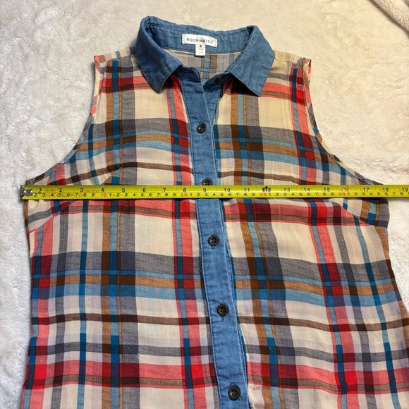 Roommates Top Small Multicolor Plaid Button-Down Shirt Sleeveless Blue Red White - Picture 11 of 13